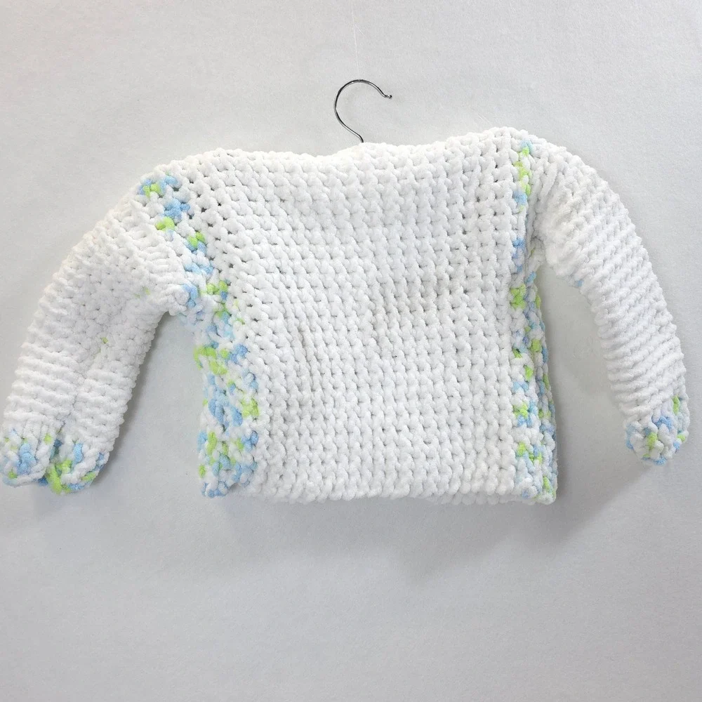 Handmade Cardigan Car Buttons White Blue Green Boys 2T-3T Cozy Knit Chenille